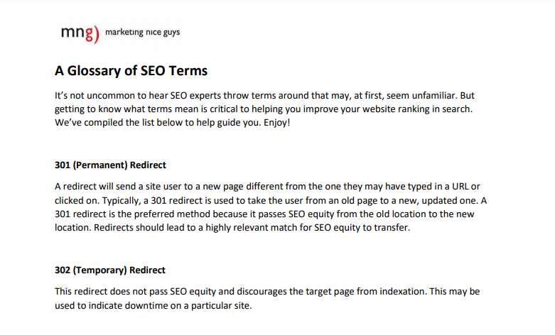 Glossary of SEO terms example