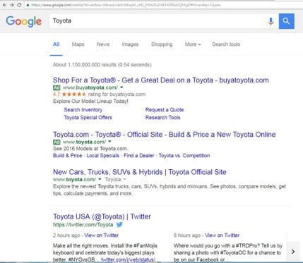 A New York Toyota dealer's paid search ad in Google.