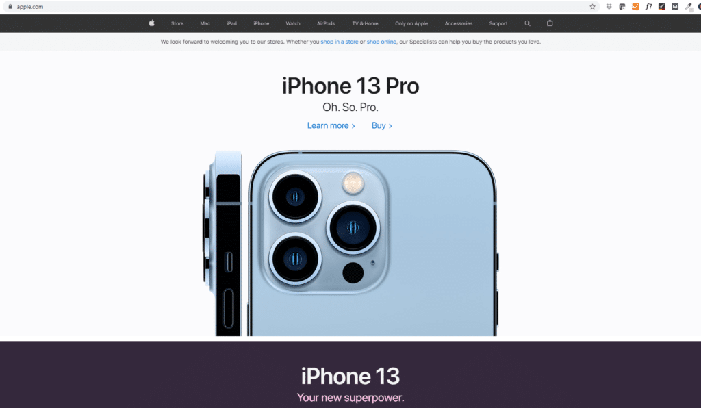 An image Apple's website. Apple uses one font, SFPro, everywhere. In doing so, it creates a consistent brand narrative.