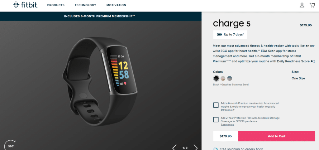 An image of a FitBit product page, which displays the visual weight of certain elements.
