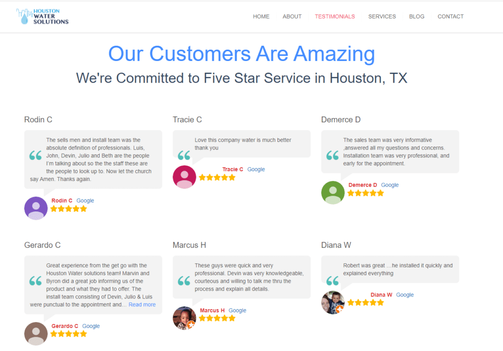 An example of a water filtration company, Houston Water Solutions, using reviews and testimonials to drive social proof or the "public" aspect of Berger's STEPPS framework.