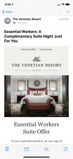 An image that shows an email from the hotel chain, the Venetian in Las Vegas.