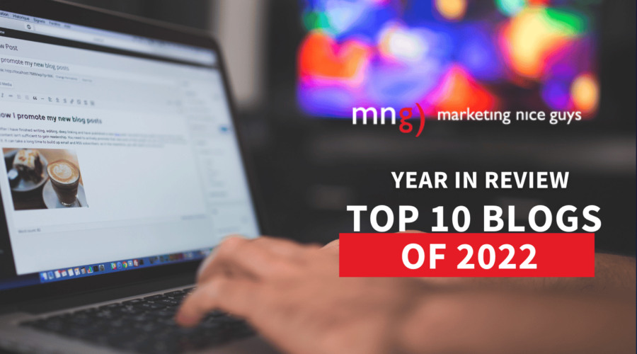 The image is a banner promoting the top 10 marketing blogs of 2022 from Marketing Nice Guys.