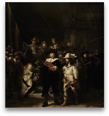 The image depicts Rembrandt's Night Watch painting from 1642. We use it as an example of how to develop social currency for your business.